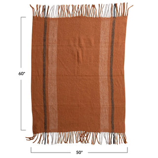 Brushed Acrylic And New Zealand Wool Throw With Stripes And Fringe