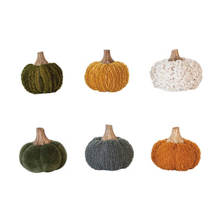 Cotton Blend Bouclé/Velvet Pumpkin w/ Wood Stem, Small (6 Styles)