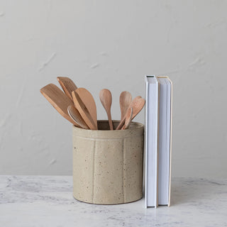 Decorative Stoneware Crock w/ Debossed Lines, Reactive Glaze, Beige (Each One Will Vary)