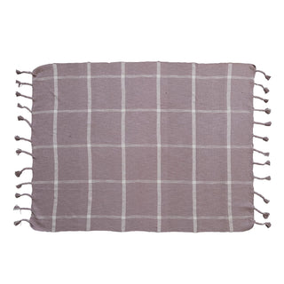 Woven Cotton Slub Throw w/ Grid Pattern & Braided Fringe