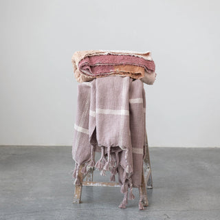 Woven Cotton Slub Throw w/ Grid Pattern & Braided Fringe
