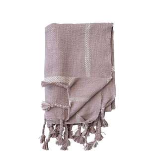 Woven Cotton Slub Throw w/ Grid Pattern & Braided Fringe