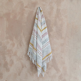 Woven Cotton Blend Throw w/ Stripes, Embroidery & Fringe