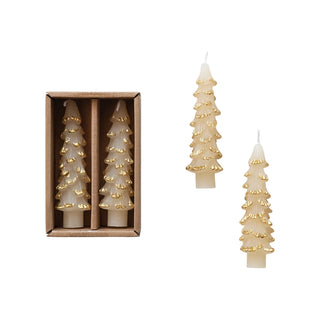 Unscented Tree Shaped Taper Candles w/ Gold Tips in Box, Eggnog Color