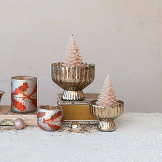 Recycled Mercury Glass Pleated Footed Candle Holder, Antique Silver Finish