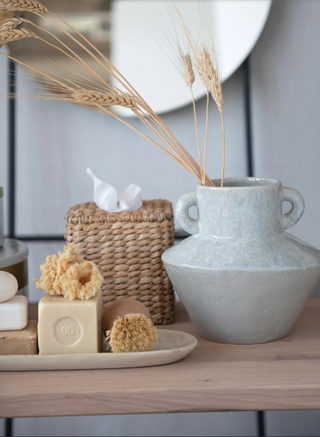 8-3/4"H Stoneware Vase with Reactive Glaze, Light Grey