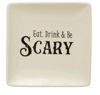 5" Square Stoneware Plate w/ Spooky Saying, Cream Color & Black, 4 Styles