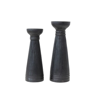 Albasia Wood Ribbed Candle Holder, Set of 2