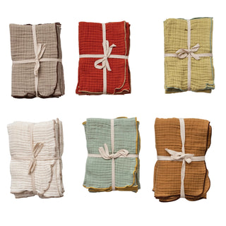 Woven Cotton Double Cloth Napkins w/ Contrasting Stitched Edge